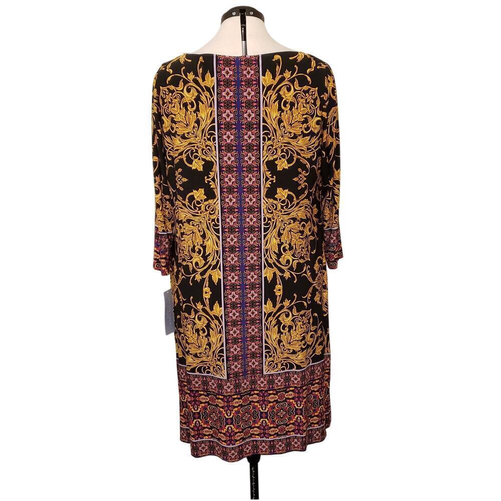 💃 London Times Mara Shift Dress – Geo Black Gold Paisley Print | Size 1X - Picture 5 of 9